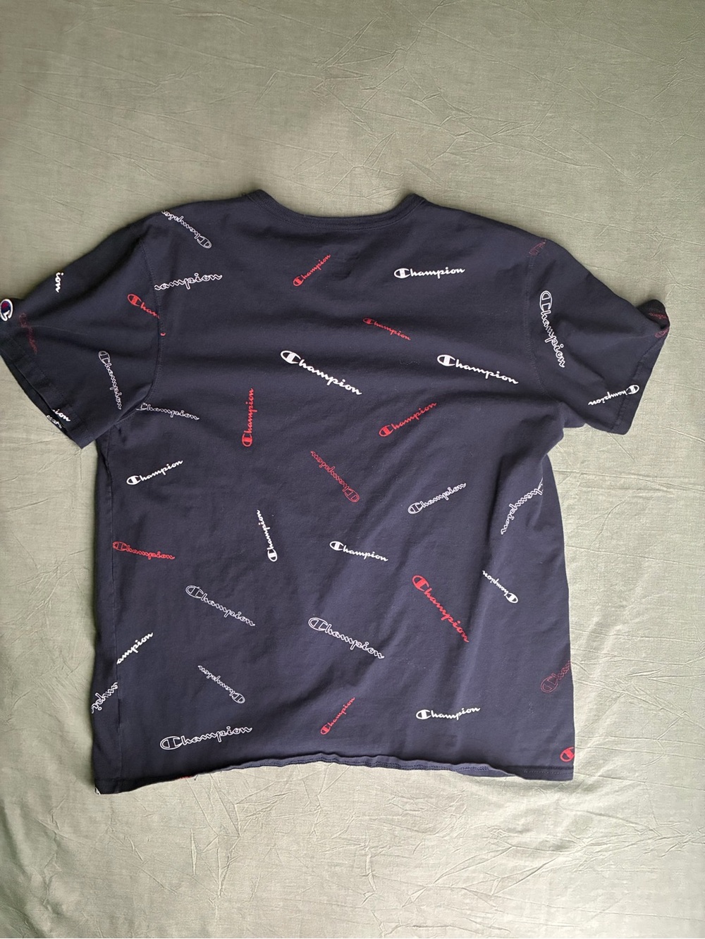 Champion Navy All-Over Logo Print T-Shirt Mens XL Spellout Graphic Tee - Picture 4 of 6